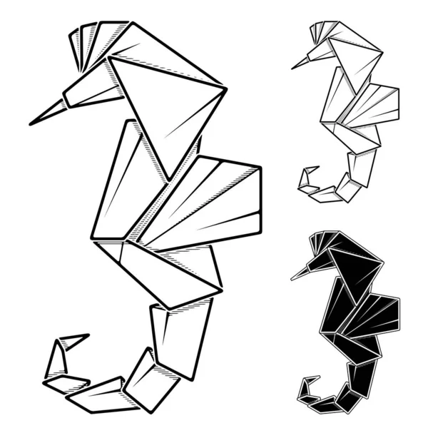 Vector Monochrome Afbeelding Van Papier Zeepaardje Hippocampus Origami Contour Tekening — Stockvector