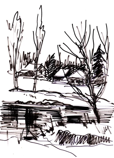 Instant sketch, rural landscape — Stock Photo, Image