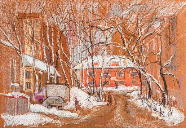 赤い家と冬のスカイライン — ストック写真