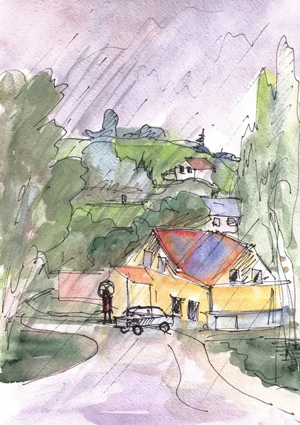 Aquarelle paysage, pluie — Photo