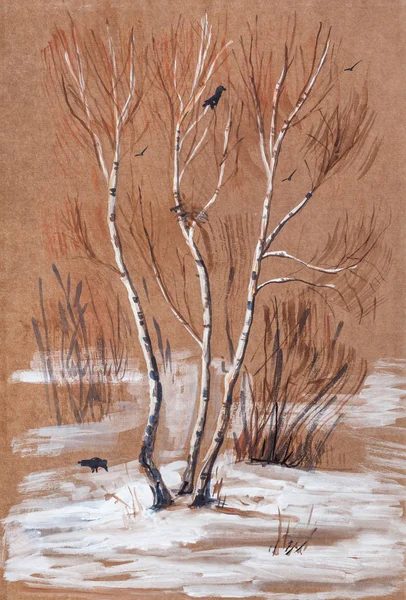 冬季风景与桦树 — 图库照片