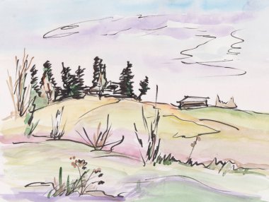 Anlık eskiz, tepeli manzara