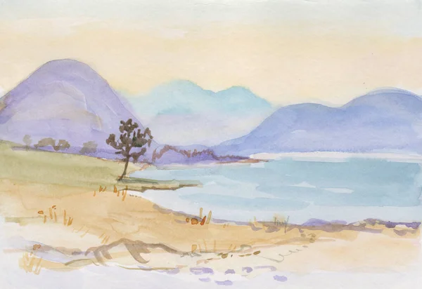 Hoge Bergen Het Strand Aquarelfoto — Stockfoto