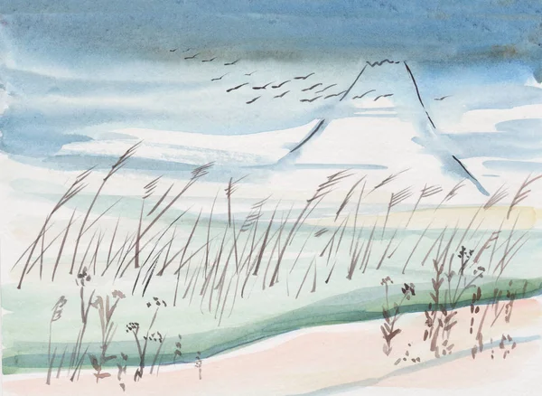 雪の斜面と湿地でリードし 遠くに鳥の群れ — ストック写真