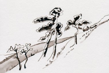 Dağdaki bir yamaçta karla kaplı çam ağaçları, suluboya resim