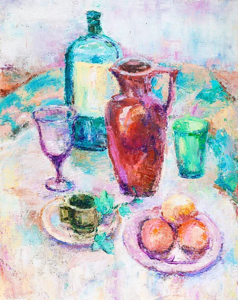 Still Life Ctrfmic Jug Fruits Oil Painting Picture — Stock Photo, Image