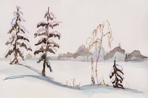 冬の風景雪に覆われたトウヒ6枚の水彩画 — ストック写真