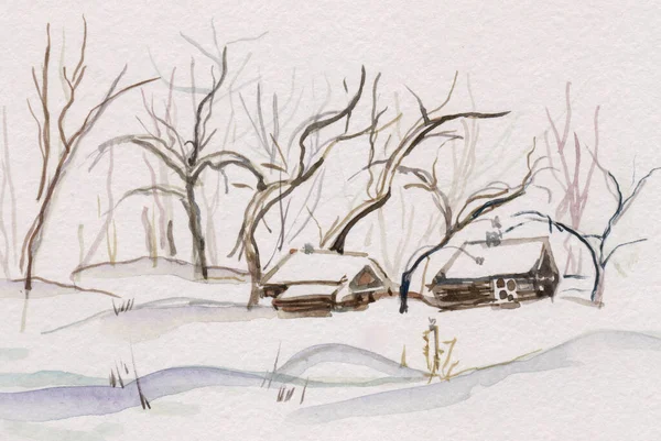 Huizen Winter Omgeven Door Besneeuwde Bomen — Stockfoto