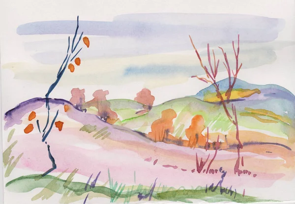 Panorama Hills Autumn Watercolor Picture — Stock Photo, Image