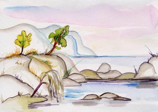 Hilly Seashore Met Stenen Het Strand Aquarel Foto — Stockfoto