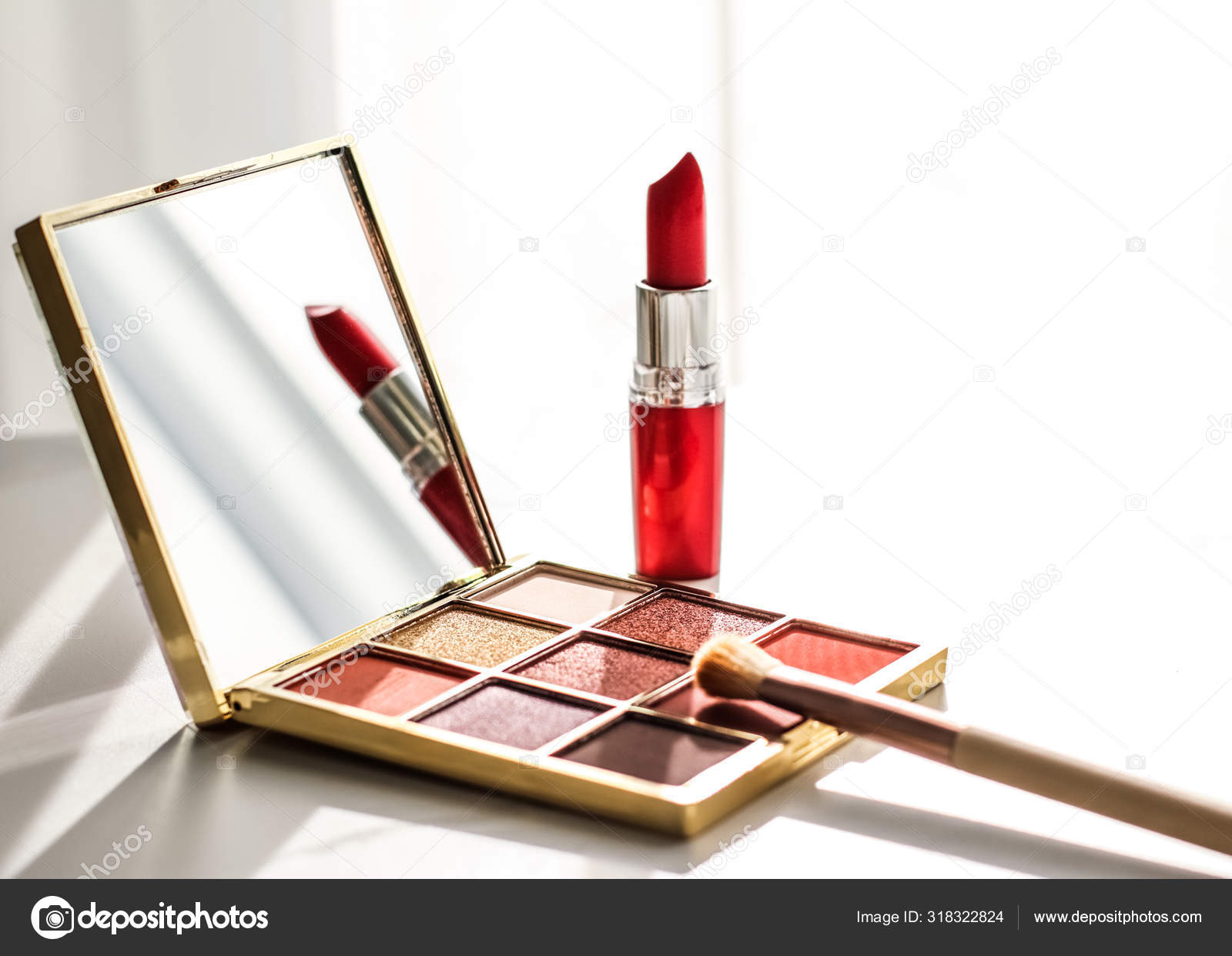 Cosmetics Makeup Products Set On Marble Vanity Table Lipstick Stock Photo C Anneleven 318322824