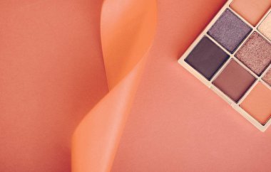 Göz falı paleti ve turuncu arka planda makyaj fırçası, göz farı