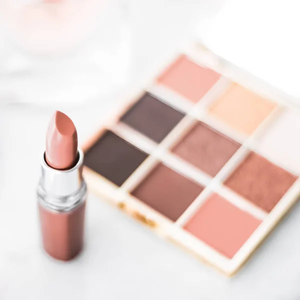 Cosmetics, makeup products on dressing vanity table, lipstick, f — Stock Photo, Image