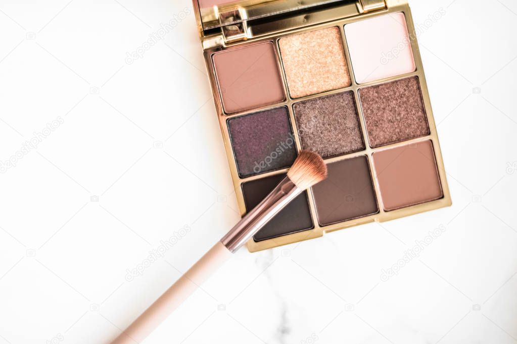 Eye shadow palette on marble background, make-up and cosmetics p