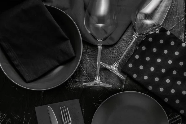 Empty tableware with black napkin, food styling plating props, d — Stock Photo, Image