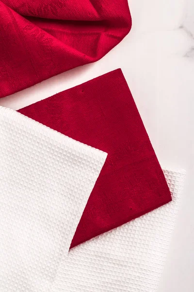 Vajilla Material Concepto Tela Textil Cocina Sobre Fondo Mármol Blanco — Foto de Stock