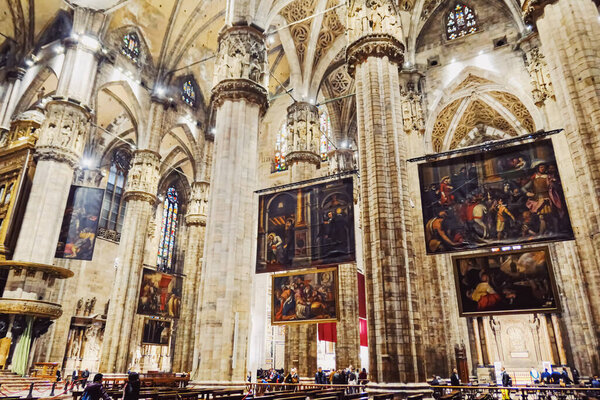 Interior of Milan Cathedral known as Duomo di Milano, historical building and famous landmark in Lombardy region in Northern Italy