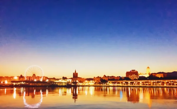 Utsikt över hamnen i Malaga, huvudstaden i Andalusien regionen i Spanien vid solnedgången — Stockfoto