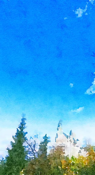 高山城堡水彩画印刷品 — 图库照片