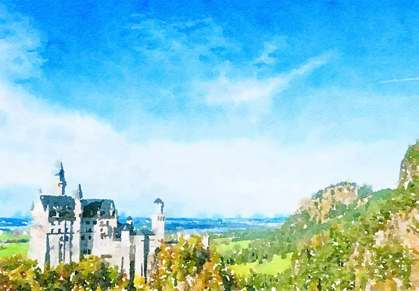 Watercolour Art Print, Castle in Alpine Mountains — Stock Photo, Image