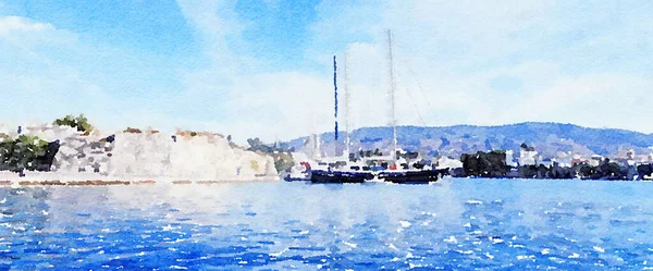 Akvarel Art Print, Jachty v moři v létě — Stock fotografie