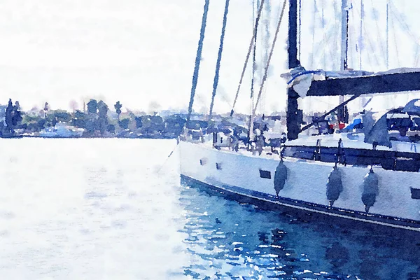 Akvarell Art Print, Yachts in the Sea på sommaren — Stockfoto
