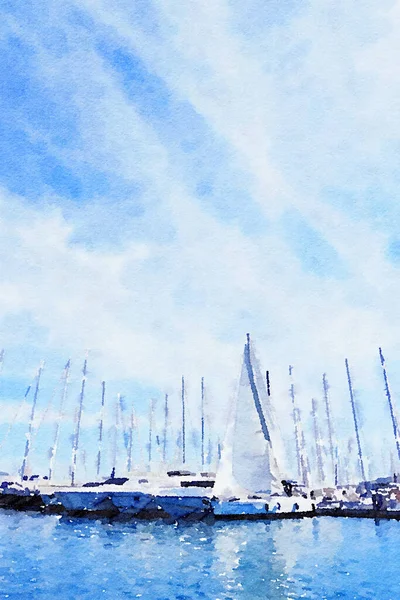 Aquarell-Kunstdruck, Yachten im Meer im Sommer — Stockfoto