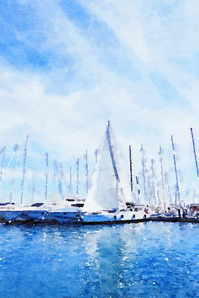 Akvarell Art Print, Yachts in the Sea på sommaren — Stockfoto