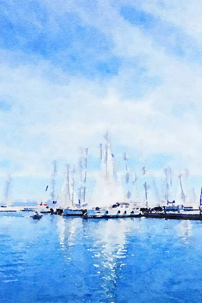 Watercolour Art Print, Yachts in the Sea in Summer — Stock Photo, Image