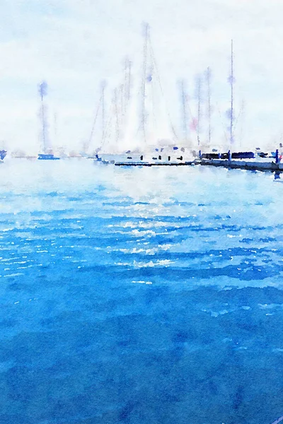 Akvarell Art Print, Jachtok a tengerben nyáron — Stock Fotó