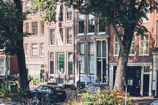 Main downtown street in the city center of Amsterdam in Netherlands
