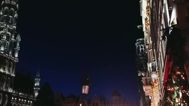 Widoki nocne na Brukselę, Belgię, architekturę i zabytkowe budynki — Wideo stockowe