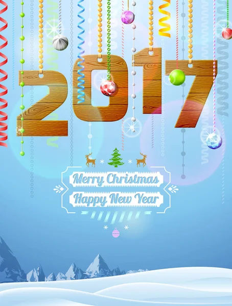 Año Nuevo 2017 de madera como decoración de Navidad — Vector de stock