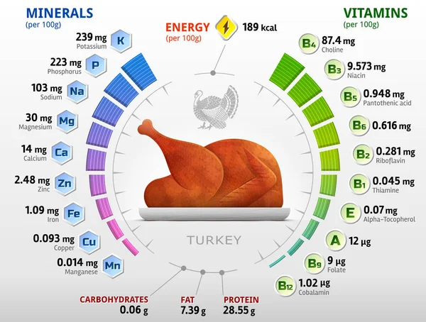 Vitaminer och mineraler av stekt kalkon — Stock vektor