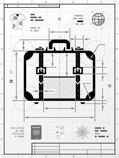 Koffersilhouette als technische Zeichnung — Stockvektor