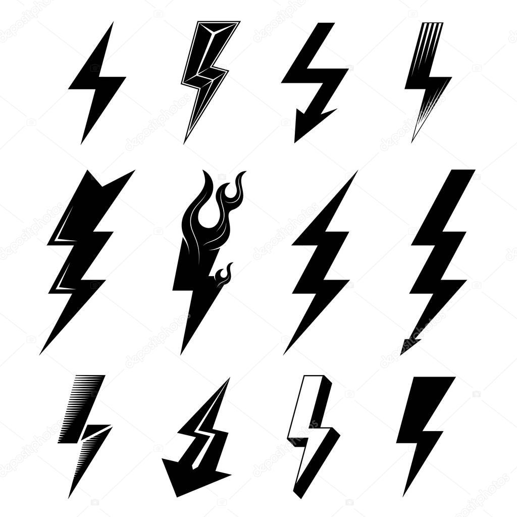 Icon set of lightnings in black-and-white colors