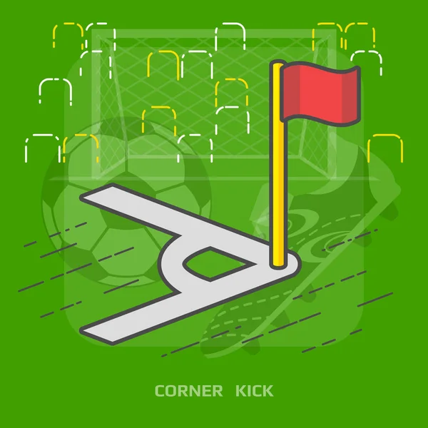 Vlakke afbeelding van voetbal toonhoogte hoek met vlag — Stockvector