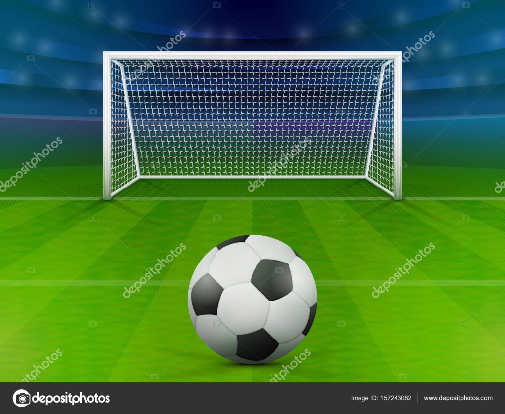 Soccer ball on green field in front of goal post Stock Vector by ©kulyk