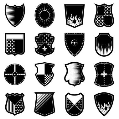 Siyah beyaz renklerde kalkanlarından Icon set