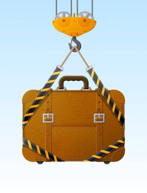 Suitcase hanging on crane hook clipart