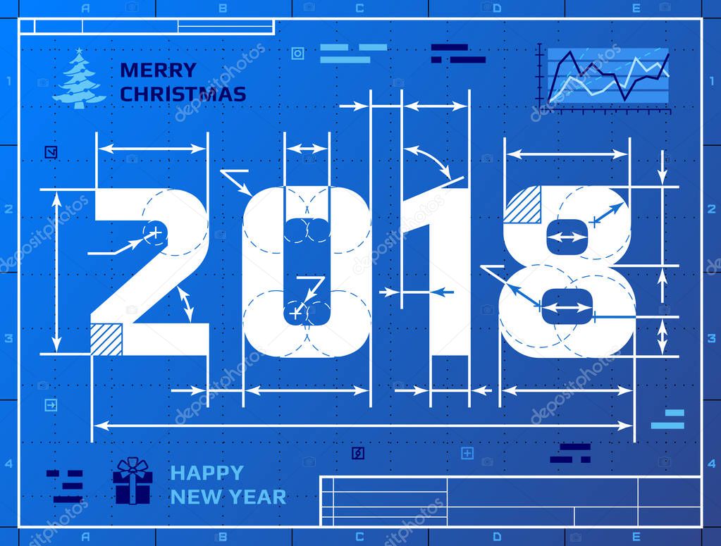 Card of New Year 2018 as blueprint drawing