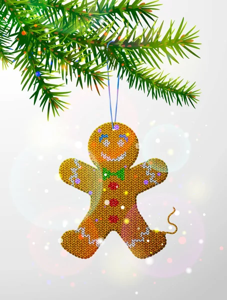 Christmas tree branch with decorative knitted gingerbread man — Stock Vector