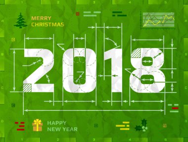 New Year 2018 as technical blueprint drawing clipart