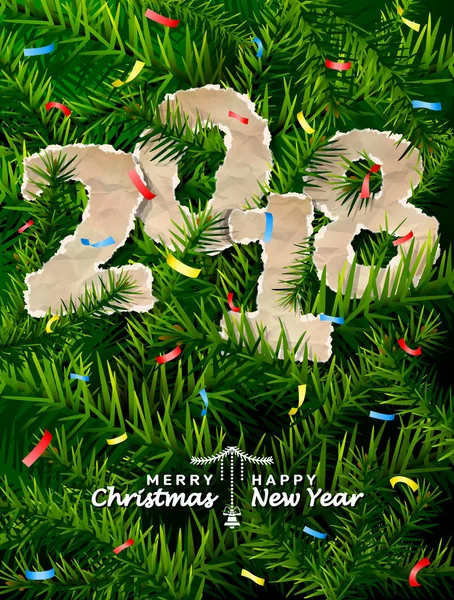 新年 2018年の松の枝の間に紙を丸めてください。 — ストックベクタ
