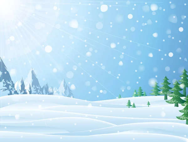 Πρωινή χιονισμένη σκηνή με την κορυφογραμμή και χριστουγεννιάτικα δέντρα — Διανυσματικό Αρχείο
