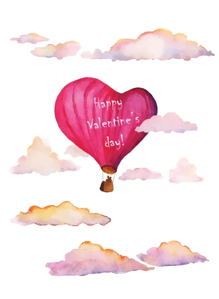 Valentinstag-Postkarte mit Aerostattherz am Himmel bei Sonnenuntergang — Stockvektor