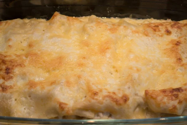 Récipient Culinaire Verre Avec Lasagnes Chaudes Fraîches Cuites Four Sur — Photo