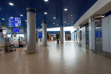 Minsk, Belarus - 20 Temmuz 2019: Minsk Ulusal Havaalanı eski adı Minsk-2 Belarus 'un ana uluslararası havaalanıdır..