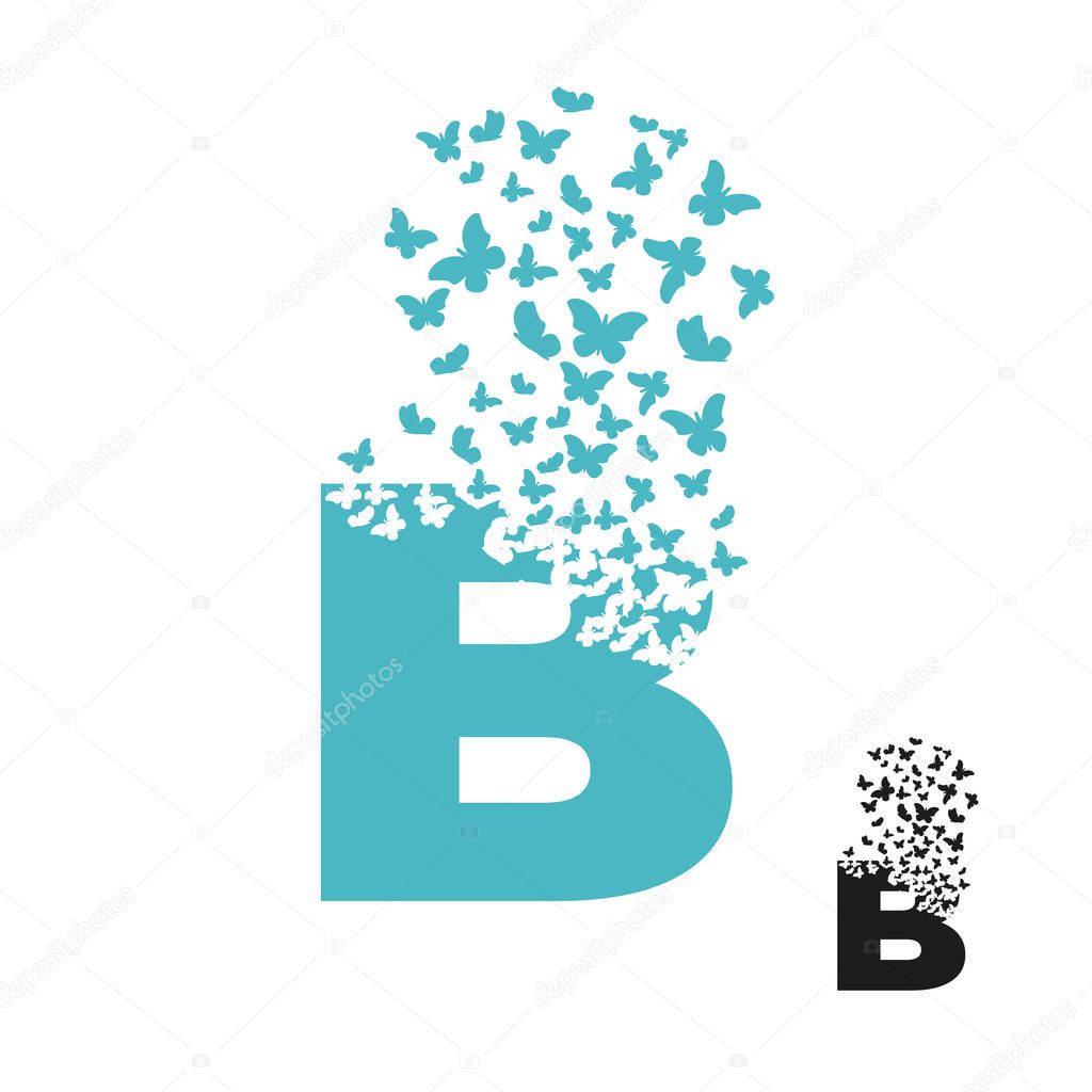 Letter B with effect of destruction. Dispersion. Butterfly, moth.