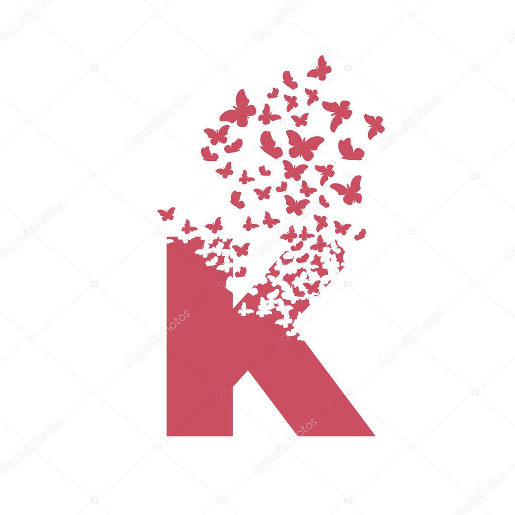 Letter K with effect of destruction. Dispersion. Butterfly, moth.